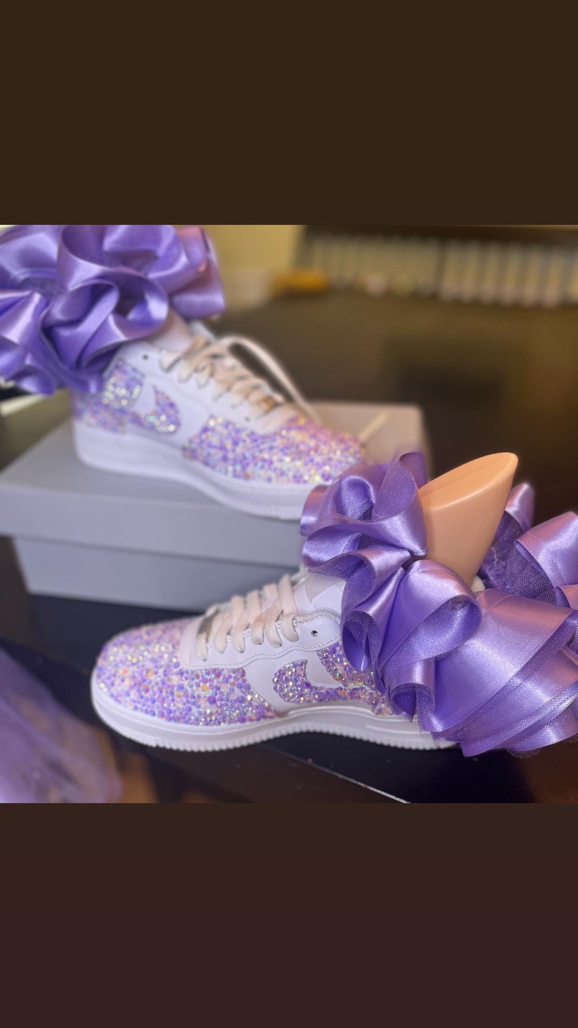Custom blinged Air Force 1 sneakers with lavender anklets